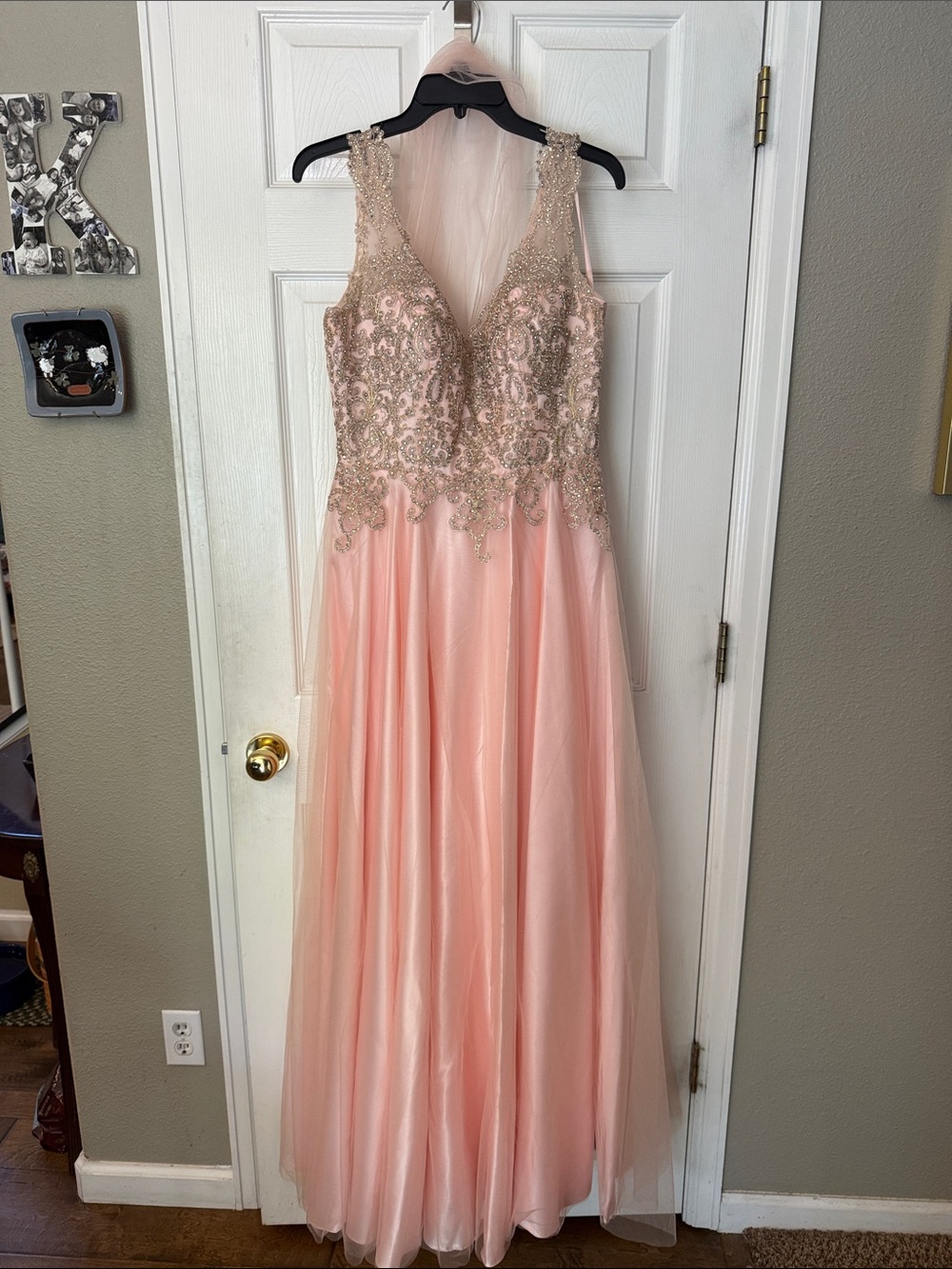 Blush Pink Embellished Prom Gown with V-Neck